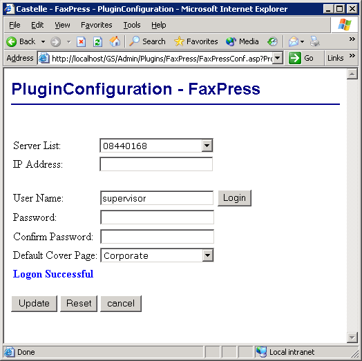 Screenshot of FaxPress Plug-in Configuration